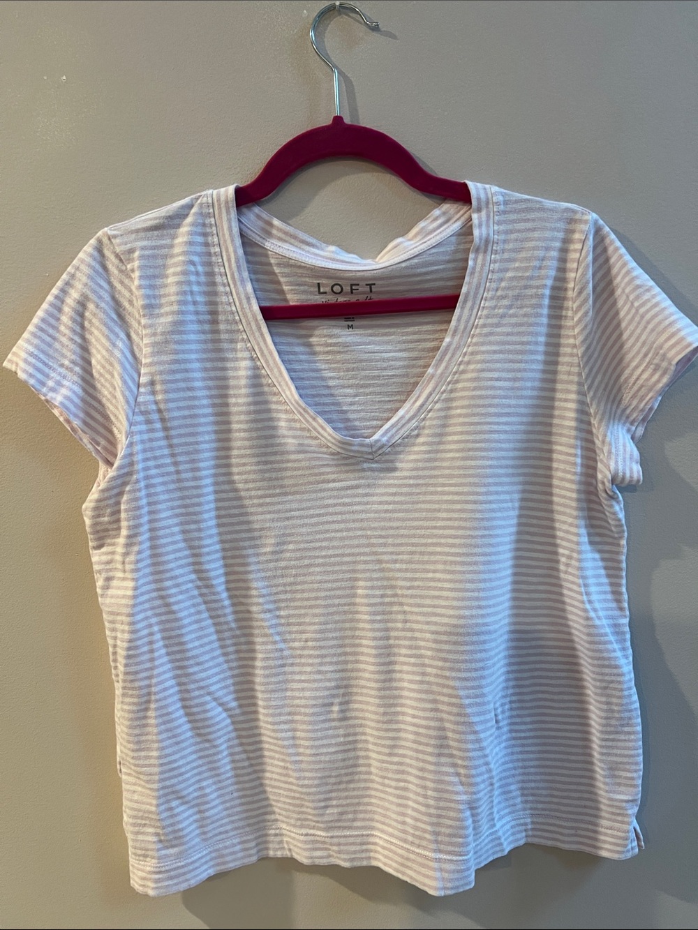 LOFT Light Pink and White Striped V-Neck Tee